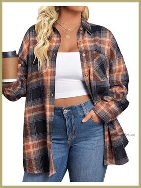 Plus Size Flannel Shirt Long Sleeve Button Down Plaid Top
